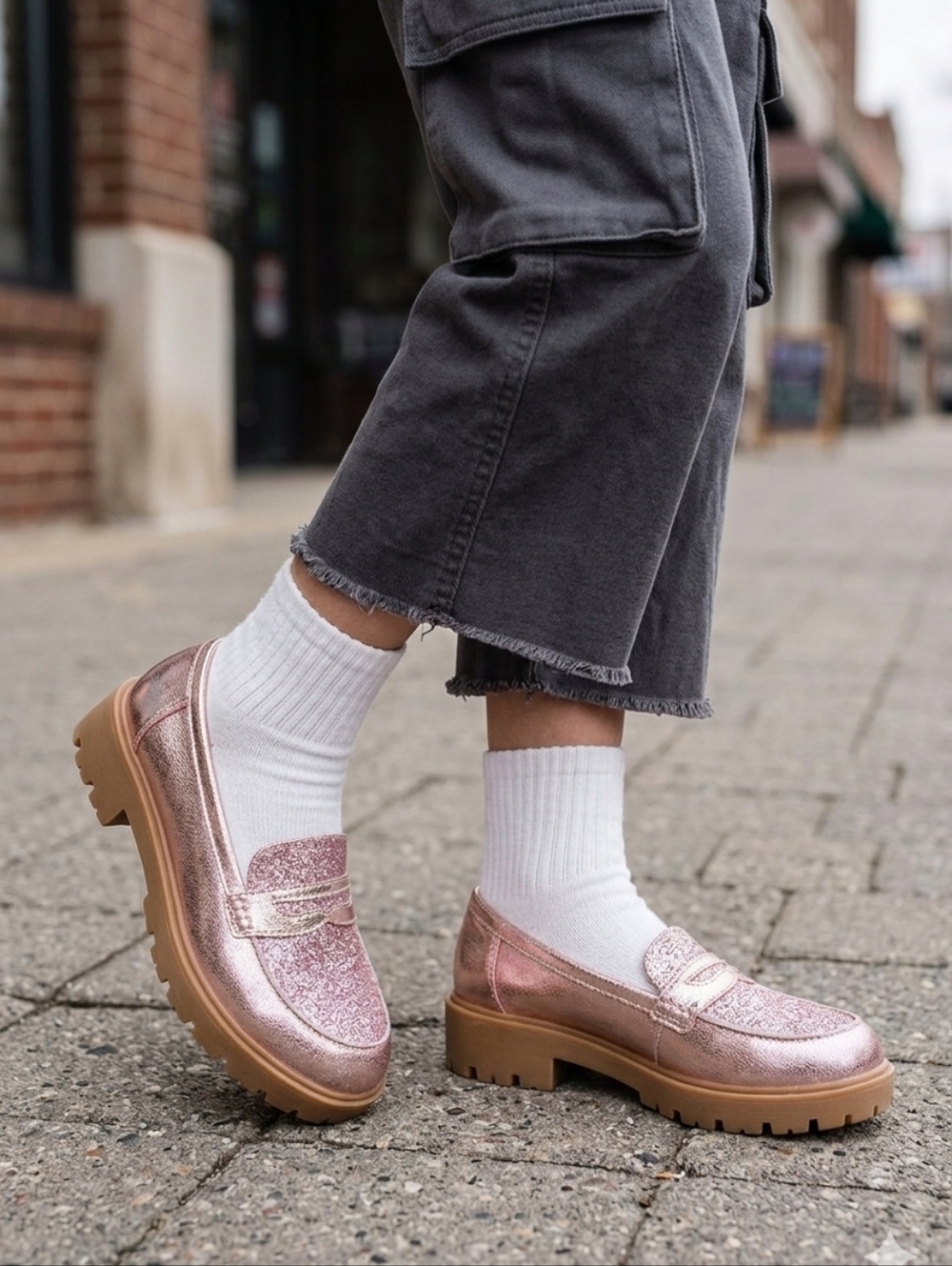 Jellypop Kids Pink Metallic Glitter Lug Sole Loafers - Size 4